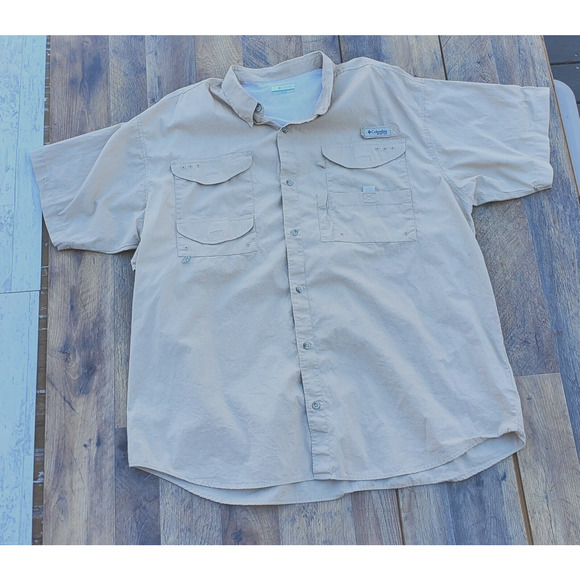 Columbia PFG Short Sleeve Button Up Shirt Men Size 2XL Khaki Vented Top FM7130 - Picture 1 of 12